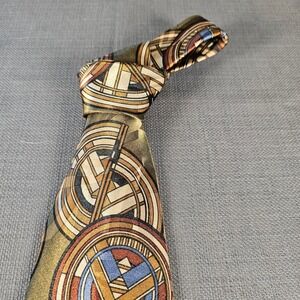 Tie Tree California Mens Geometric Circle Pattern Silk Blend Tie Olive Gold Blue